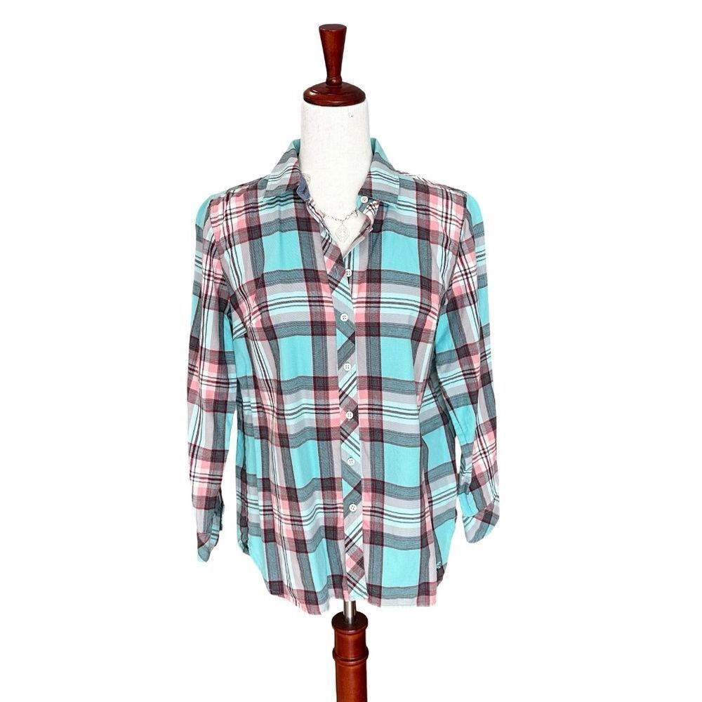Talbot's Plaid Button-Up Top / Blouse Blues/Pinks Med Petite